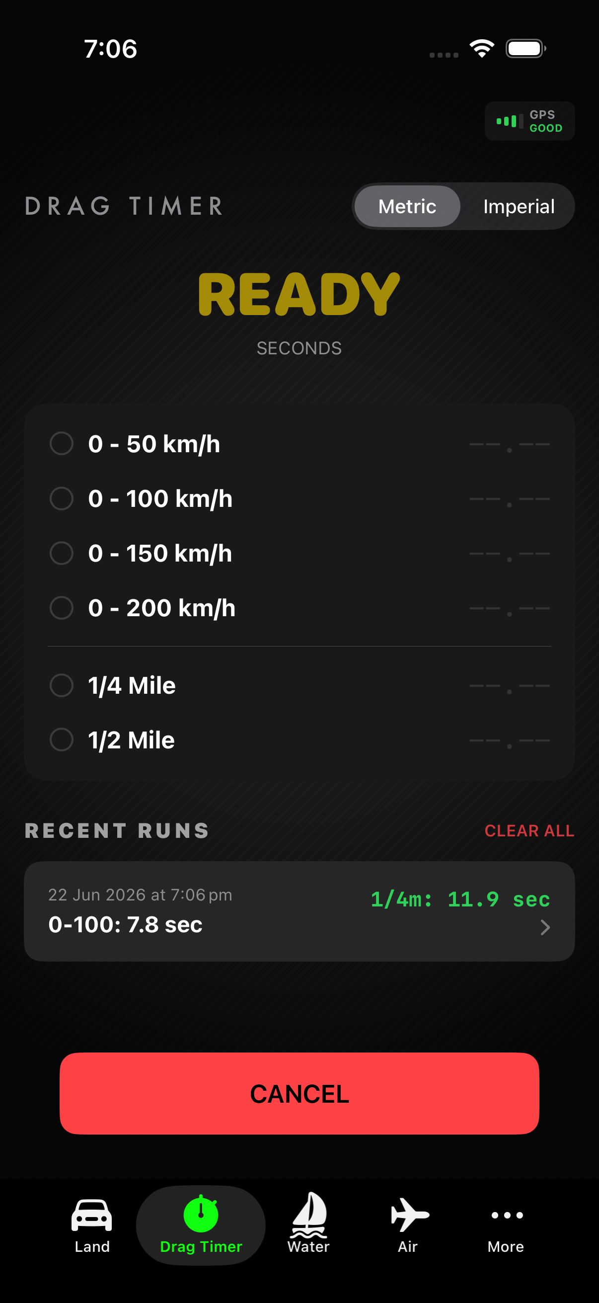TriVector iPhone Drag Timer screen showing a ready state and recent run details.