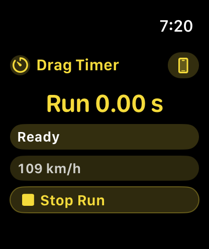 TriVector Apple Watch Drag Timer screen showing a ready state and stop run control.