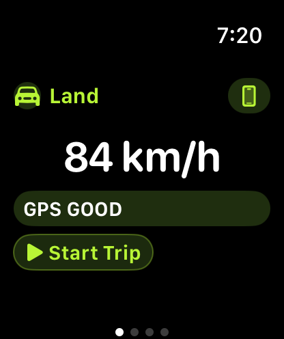 TriVector Apple Watch live speed screen in Land mode showing 84 km/h and GPS status.